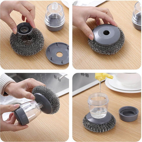 Dish Brush with soap Dispenser,with 2 Velvet Dish Brushes, Steel Wool Scrubber for Cleaning Dishes, pots, Pans, Grills, Sinks, Replaceable Brush H...