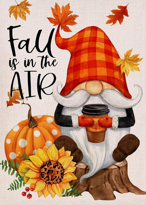Fall is in the Air Gnome Pumpkin Coffee Decorative Garden Flag, Autumn Maple Leaves Yard Outside Decorations, Buffalo Plaid Cheetah Polka Dots Far...