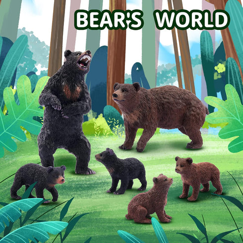 Toymany 6PCS Bear Figurines, Realistic Forest Animals Bear Family Figures Toy Set includes Brown Bears Black Bears and Cubs, Education Toy Birthda...