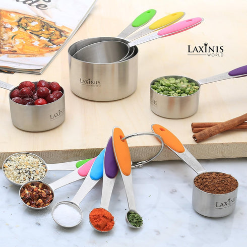 New Version! 11 Piece Measuring Cups And Spoons Set by Laxinis World | Sturdy Stainless Steel Stackable 6 Cups and 5 Spoons with Soft Silicone Han...