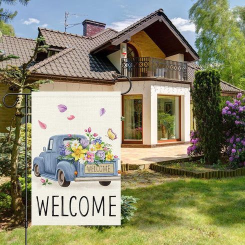 Welcome Spring Garden Flag 12x18 Double Sided Vertical Burlap Retro Truck Floral Garden Flags Summer Butterfly Yard Flags for Seasonal Outside Out...