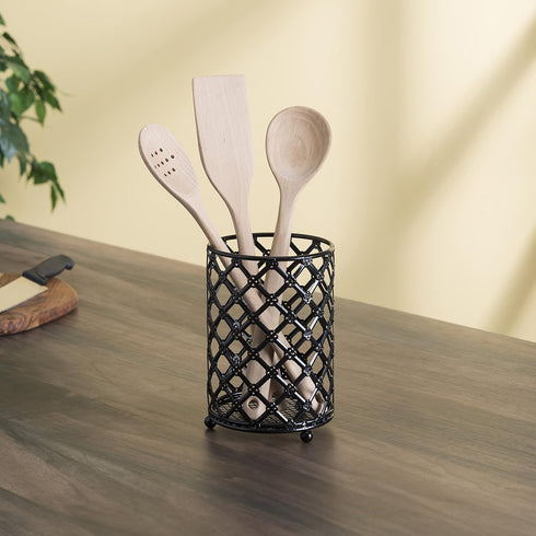 Home Basics Beautiful Heavy Duty Steel Lattice Cutlery Holder, Utensil Organizer, Rust-resistant, Free Standing, Black, 5" x 5" x 7"...