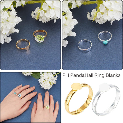 PH PandaHall 40pcs Ring Blanks, 17mm Adjustable Ring Base Blank Tray with 6mm Flat Base, Gold Silver Blank Finger Rings Cabochon Bezel for Rings M...