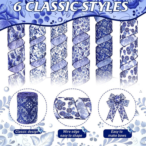Lyrow 6 Rolls Chinoiserie White and Blue Wired Edge Ribbon Chinoiserie Ribbon Floral Ribbon Butterfly Craft Flower Pattern Fabric Ribbons for Craf...