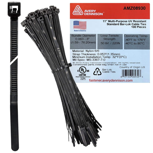 Bar Lok 11” Zip Ties – 100 Pieces, Black – Made in America – Weather, UV & Impact Resistant Plastic Cable Ties for Binding Bundling & Organizing W...