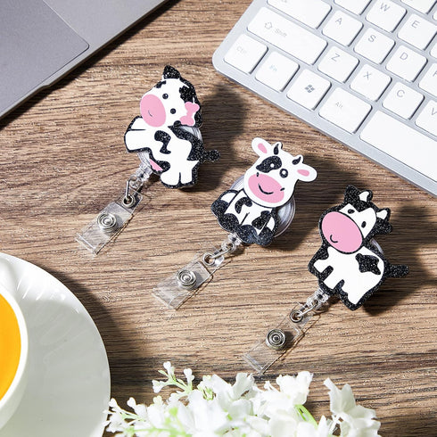 3 Pieces Cow Badge Reel Retractable Badge Reels Cute Name Badge Holder with Swivel Clip Funny Nurse Badge Reel for Office School Worker Doctor Nur...