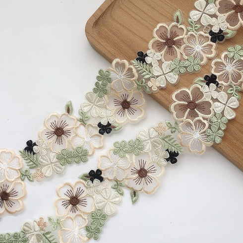 Organza 3D Flower Lace Trim, Green and Beige Embroidery Floral lace Ribbon for Dress/Wedding/Bridal DIY Sewing Decoration,2Yard...