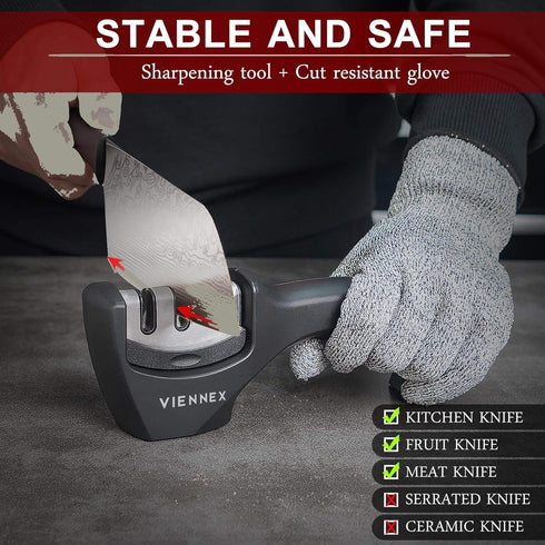 Kitchen Knife Sharpener - Professional Handheld 3 Stage Sharpening Tool for Chef Knives with Diamond, Tungsten & Ceramic Rods Includes Cut Resista...