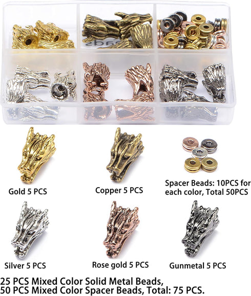 AD BEADS 75 Pieces in 5 Colors 25 Pieces Dragon1 Heads Beads Plus Matching 50 Pieces Double Heishi Spacers Connector Charm Beads Jewelry Making Cr...