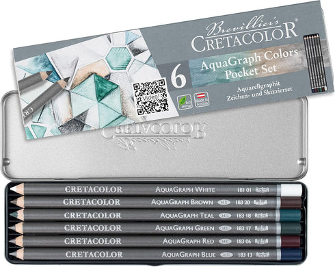 CRETACOLOR AquaGraph Graphite Aquarelle Set, 6 Count (Pack of 1), White, Brown, Teal, Green, red, Blue...