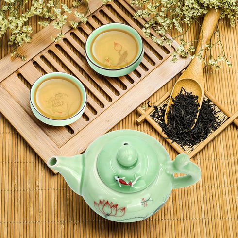 DELIFUR Celadon Handcrafted Porcelain Tea Set Lotus Theme Porcelain Tea Pot Covered Teacup Gongdao Cup From China (Lotus Tea pot)...