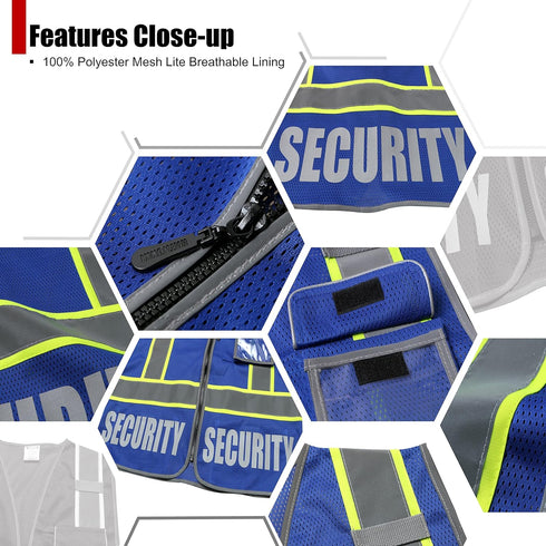 Retro-Reflection Security Safety Vests Heavy Duty Blue Mesh with 5 Pockets and Front Zipper Meet ANSI/ISEA 107-2015 (Blue-22, Large)...