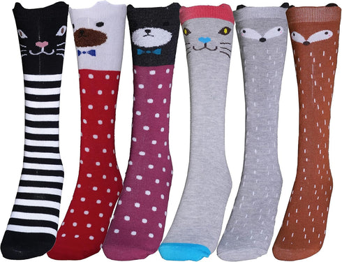 Girls Cotton Knee High Socks Cartoon Animal Cat Bear Fox Over Knee Socks for Kids 3-12 years, 6 Pairs-6 Color...