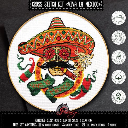Povitrulya Counted Cross Stitch Kit for Adults “Viva la Mexico” - Day of The Dead, Día de los Muertos, Halloween, Mexican, Latino Hand Embroidery ...
