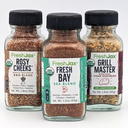 FreshJax Organic Surf n' Turf Seasonings Gift Set | 3 Sampler Sized | Fresh Bay, Rosy Cheeks Maple Bourbon, Grill Master Steak Blend | Handcrafted...