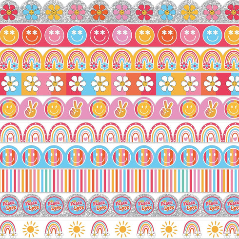 80Ft Groovy Bulletin Board Borders Boho Smile Rainbow Daisy Sun Retro Floral Pink Hippie Trim Boarders Bulletin Board Stickers for Classroom Offic...
