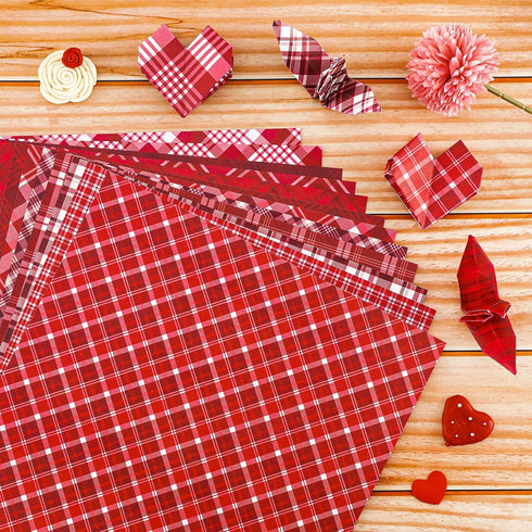 Whaline 24 Sheets Valentine Pattern Paper Red Buffalo Plaid Scrapbook Specialty Paper Double Sided Decorative Craft Paper For DIY Card Making Phot...