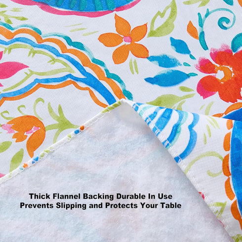 Newbridge Boho Chic Paisley Vinyl Tablecloth with Flannel Backing, 70 Inch Round, Blue Red and Pink Floral Print, Wipe Clean Table Cover for Dinin...