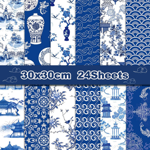Chinese Blue and White Porcelain Scrapbook Paper Pad,24 Pcs Double-Sided Decopodge Paper,Cardstock Paper for Scrapbooking DIY Decorative Backgroun...