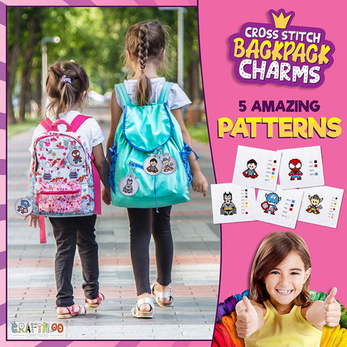 5 Stamped Superhero Cross Stitch Beginner Projects for Kids Needlepoint Starter kit Sewing Set for Backpack Charms…...
