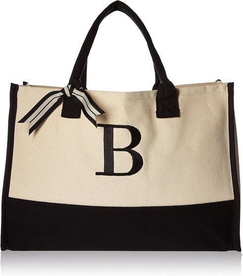 Mud Pie Classic Black and White Initial Canvas Tote Bags (B), 100% Cotton, 17" x 19" x 2"...