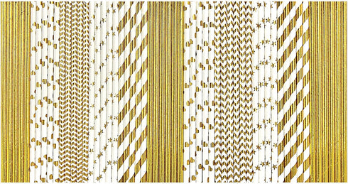 100-Pack Biodegradable Gold Paper Straws - Extra Durable, Striped/Wave/Heart/Star/Solid Gold Straws for Birthday, Wedding, Bridal/Baby Shower and ...