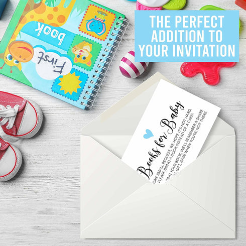 Hadley Designs 25 Books For Baby Shower Request Cards - Blue Baby Shower Invitation Inserts, Book Request Baby Shower Guest Book Alternative, Brin...