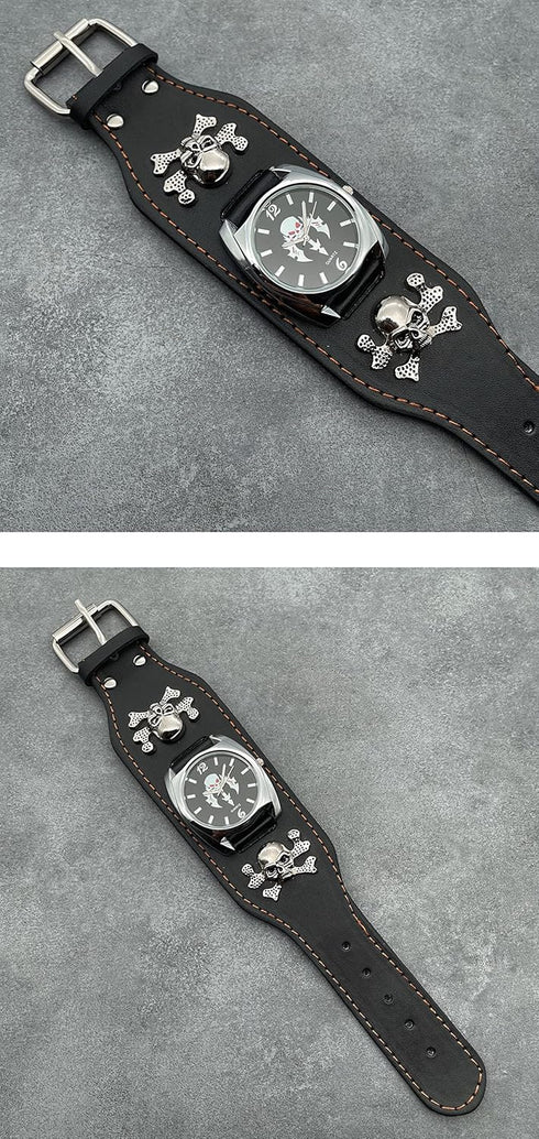 Good Leather Punk Skull Quartz Men's Wrist Watch,Big Dial Skull Women's Watch,Skull+Chains+Rivets Elements,Fashion Gift Watch Cool, Black...