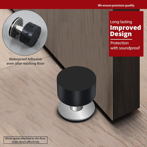 Door Stopper with Extra Sticker, Self-Adhesive Door Stop with Black Rubber Bumper & Stainless Steel Body - Heavy Duty Door Knob Wall Protector Sou...