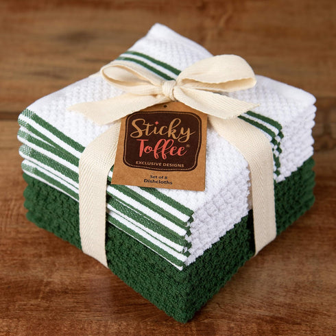 Kitchen Towels Dishcloths 100% Cotton, Set of 8, Dark Green and White Dish Cloth Towels, Tea Towels, Reusable and Absorbent Cleaning Cloths, Oeko-...