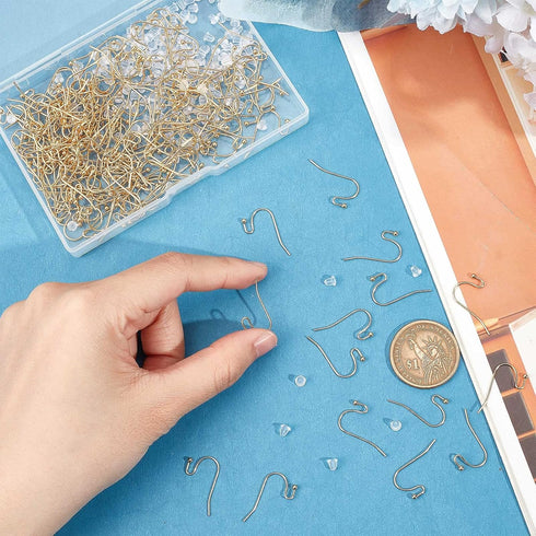 Beebeecraft 1 Box 200Pcs French Earring Hooks 18K Gold Plated Fish Hook Ear Wires Kit with Plastic Ear Nuts for DIY Women Earring Jewelry Making...