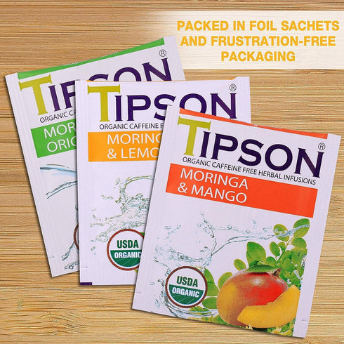 Tipson Organic Moringa Caffeine Free Herbal Tea - Lemon Flavor - 25 Premium Double Chambered Bags - Superfood - Keto/Paleo...
