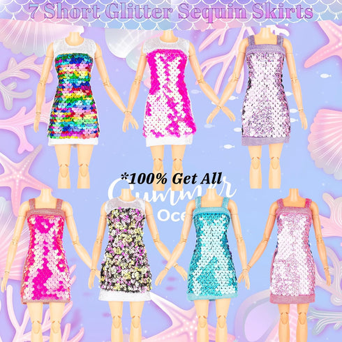 Glitter Sequin Mermaid Doll Clothes and Accessories - 12 Sequin Sparkly Glitter Party Club Dress, 2 Different Crown Ornament and 3 Beautiful Neckl...