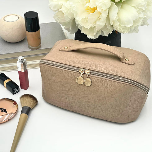 Large Capacity Travel Cosmetic Bag - Makeup Bag Opens Flat for Easy Access - Leather Waterproof Portable Cosmetics Bag with Handle, Divider - Toil...