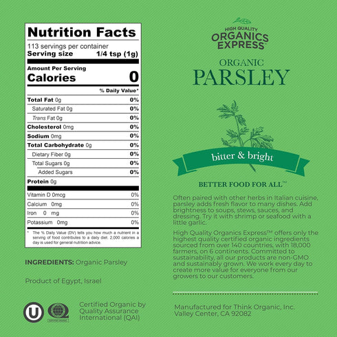 HQOExpress Organic Parsley Flakes – Non GMO, Kosher, USDA Certified Organic Parsley Leaves, Dried and Cut – Piquant and Aromatic Seasoning for Bro...