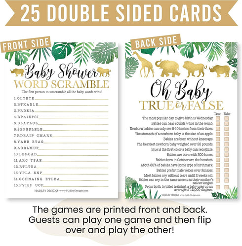 Hadley Designs Hilarious Baby Shower Games Set – 25 Double-Sided Cards for 25 Guests, 2 Games, Word Scramble Baby Shower Game, True or False, Gend...