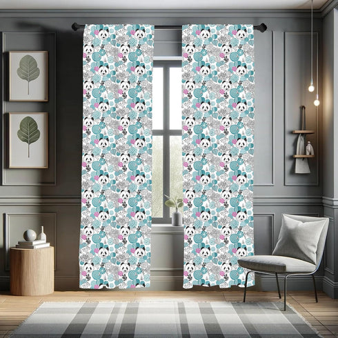 Lunarable Panda Window Curtains, Portraits of Chinese Bears on Sketch Flowers and Abstract Circular Shapes, Lightweight Decor 2-Panel Set with Rod...