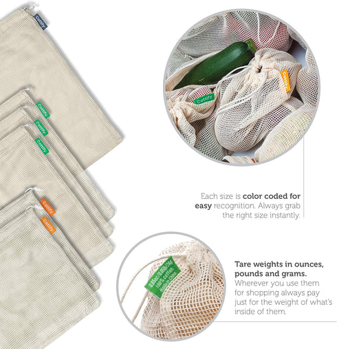 6 Reusable Produce Bags Grocery Washable | Organic Cotton Mesh Produce Bags | Double-Stitched & Tare Weigh | Mesh bags for vegetables | Cotton Pro...