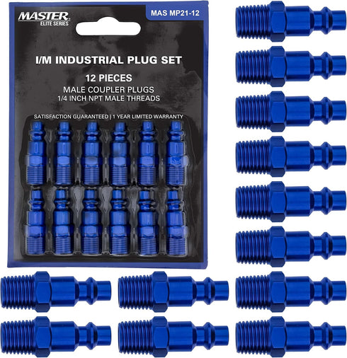 Master Elite Series 12 Piece Industrial I/M Type Plug Air Fittings Set with 1/4" NPT Male Threads - Attach to Quick-Connect Couplers, Hoses, Compr...