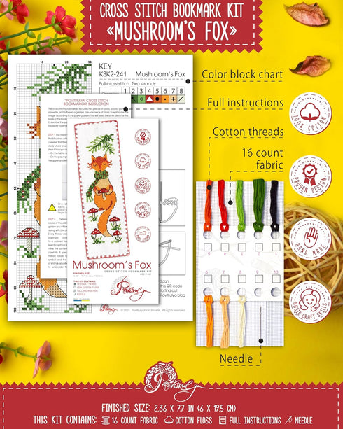 Mushroom Fox - Counted Cross Stitch Bookmark Kit - DIY Embroidery Set with Pattern of Red Fox and Mushrooms - Handmade Gift for Adults with Paper ...