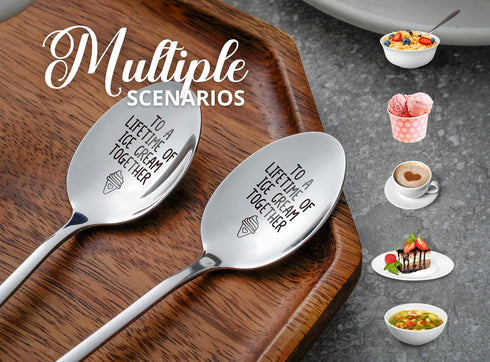 Engraved Ice Cream Spoons, Gifts for Couple, 2 Pcs Stainless Steel Coffee Spoon, To a Lifetime of Ice Cream Together...