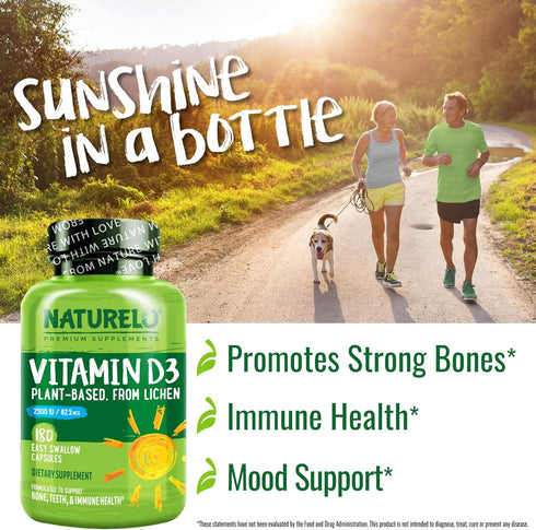 NATURELO Vitamin D - 2500 IU - Plant Based from Lichen - Natural D3 Supplement for Immune System, Bone Support, Joint Health - Vegan - Non-GMO - G...