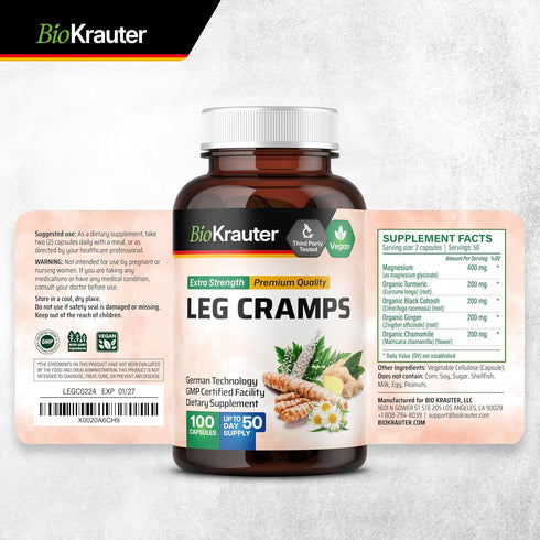 BIO KRAUTER Leg Cramps Capsules with Magnesium - 1200 mg Blend - 100 Vegan Caps - Turmeric & Ginger for Leg Cramps - Natural Formula Without Quini...