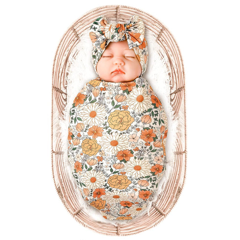 Konssy Baby Girl Newborn Receiving Blanket with Headband Set Baby Swaddle Floral Motif Nursery Swaddle Wrap...