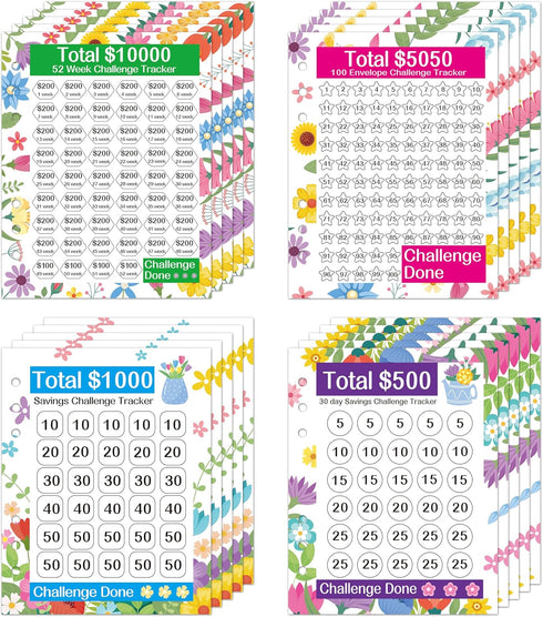20 Sheets Money Saving Challenge Binder Trackers for 6 Ring A5 Binder, 100 Envelopes, 52 Week, 30 Day, 100 Day Savings Challenge Tracker Card Mone...