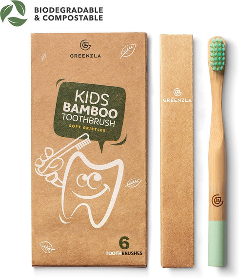 GREENZLA Kids Bamboo Toothbrushes (6 Pack) BPA Free Soft Bristles Eco-Friendly, Natural Toothbrush Set Biodegradable & Compostable Charcoal Wooden...