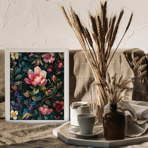 Posterizer 1 pcs-pink and blue flowers with dark background-Floral & Botanical Art-Abstract & Modern Art-Decor for Home & Office- UNFRAMED Wall Ar...