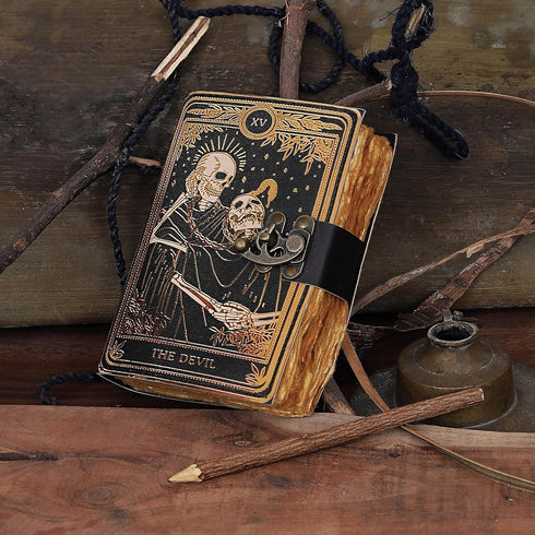 VC Book of Spells Leather Journal Deckle Edge Paper Grimoire Printed Journal The Devil Tarot Notebook Spiral Gothic Notebook Skull lover Antique V...