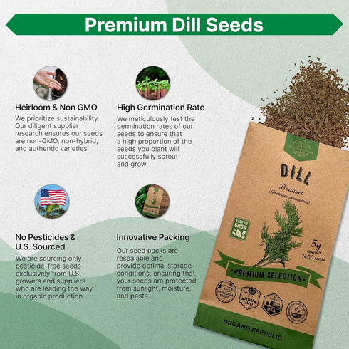 Dill Bouquet Seeds Pack 5 G - Over 1,400 Non-GMO Heirloom Dill Seeds for Planting Herbs in Individual Seed Packet, Herbs Seeds for Planting Home G...