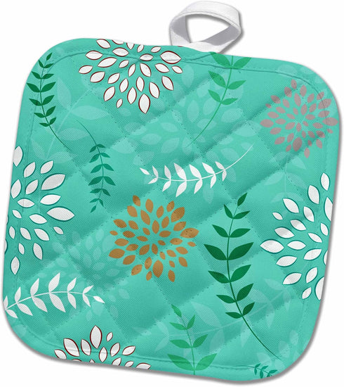 3D Rose Turquoise-White-and Peach Flowers and Leaves Pattern Pot Holder, 8 x 8...